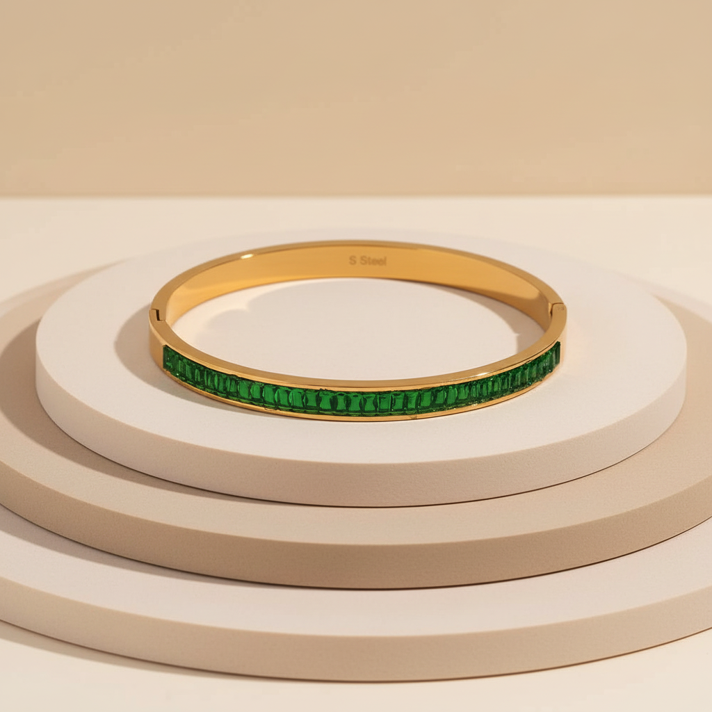 18KT Gold Plated Green CZ Tennis Bangle
