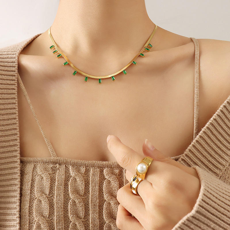 18KT Gold Plated Orlina Rhinestone Necklace Green - Atulya Jewellers