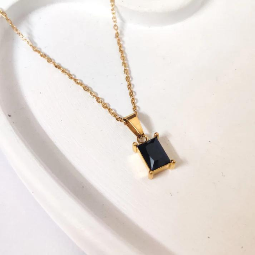 18KT Gold Plated Rectangle Rhinestone Necklace Black - Atulya Jewellers