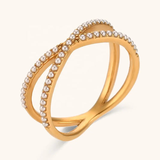 18KT Gold Plated Criss Cross Pearl Ring