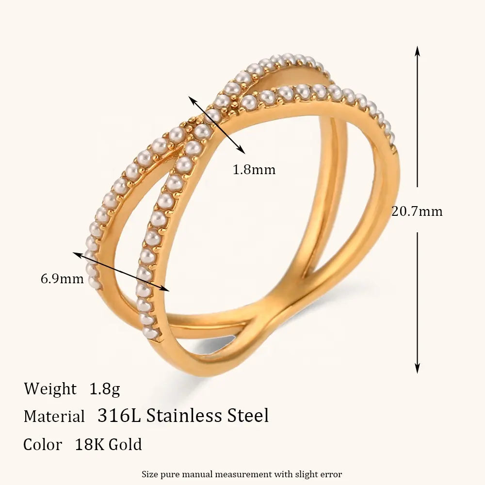 18KT Gold Plated Criss Cross Pearl Ring