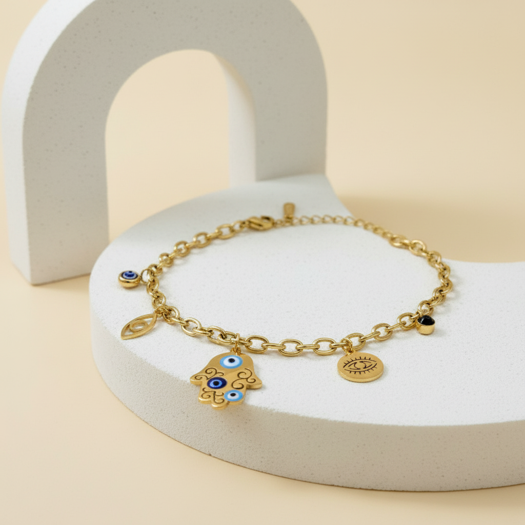 18KT Gold Plated Ojo Evil Eye Charm Bracelet