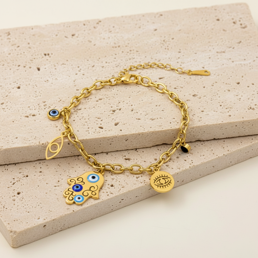 18KT Gold Plated Ojo Evil Eye Charm Bracelet