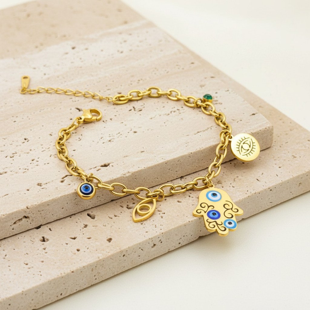 18KT Gold Plated Ojo Evil Eye Charm Bracelet