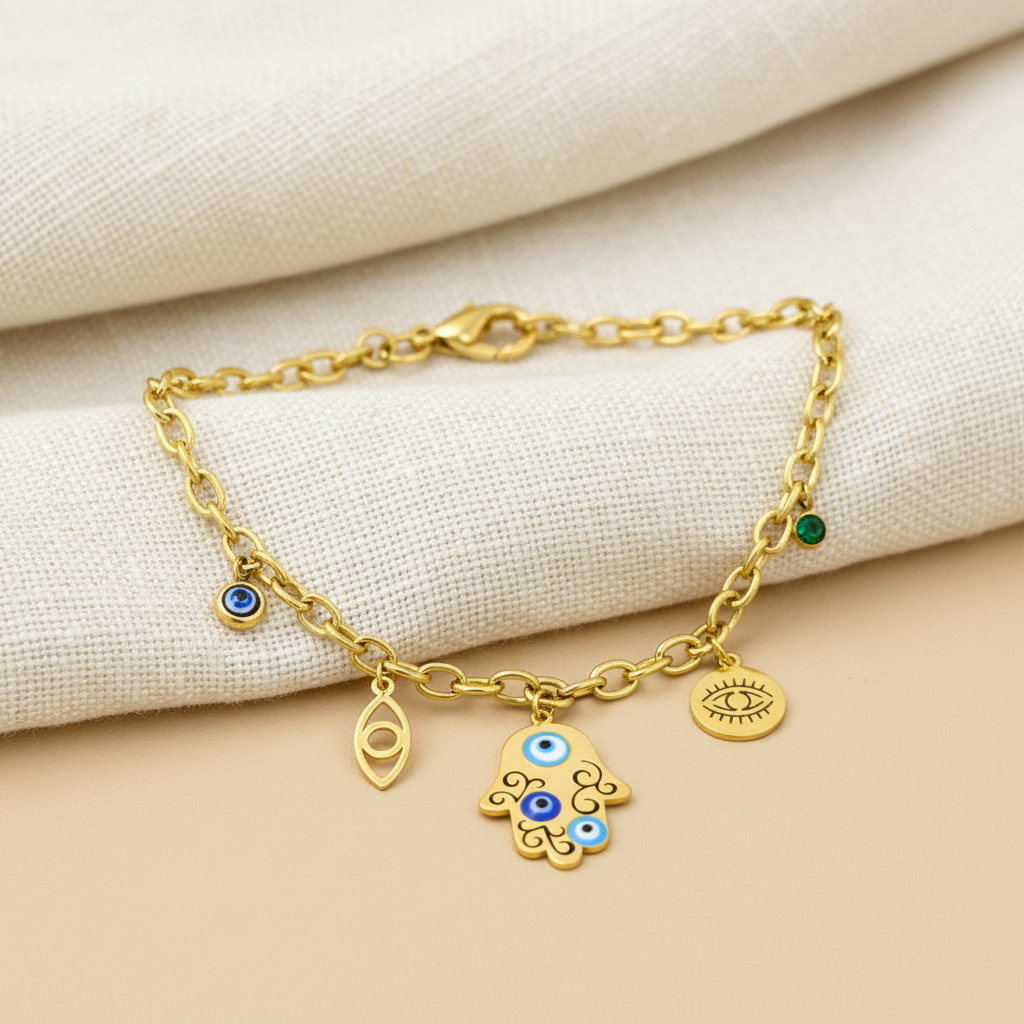 18KT Gold Plated Ojo Evil Eye Charm Bracelet