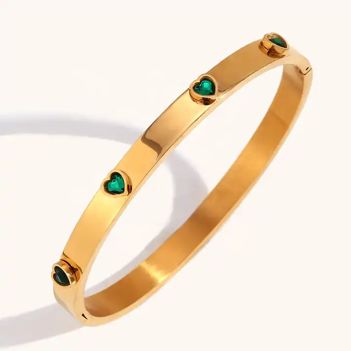18KT Gold Plated Heart CZ Bangle Green - Atulya Jewellers