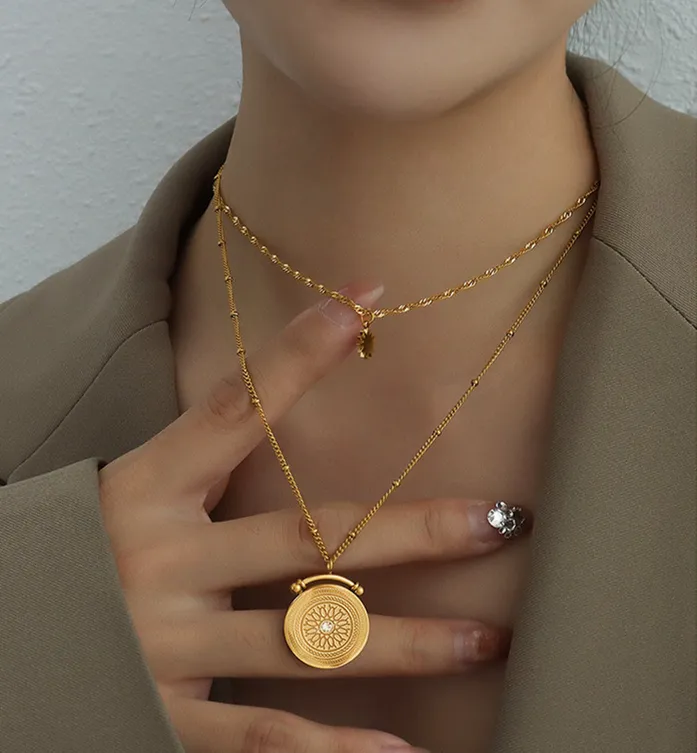 18KT Gold Plated Roman Compass Layered Necklace