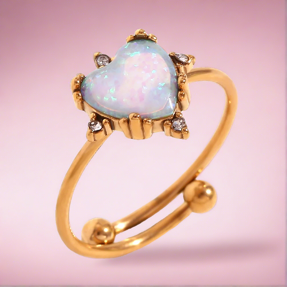 18KT Gold Plated Opal Heart Ring (Re-sizeable)