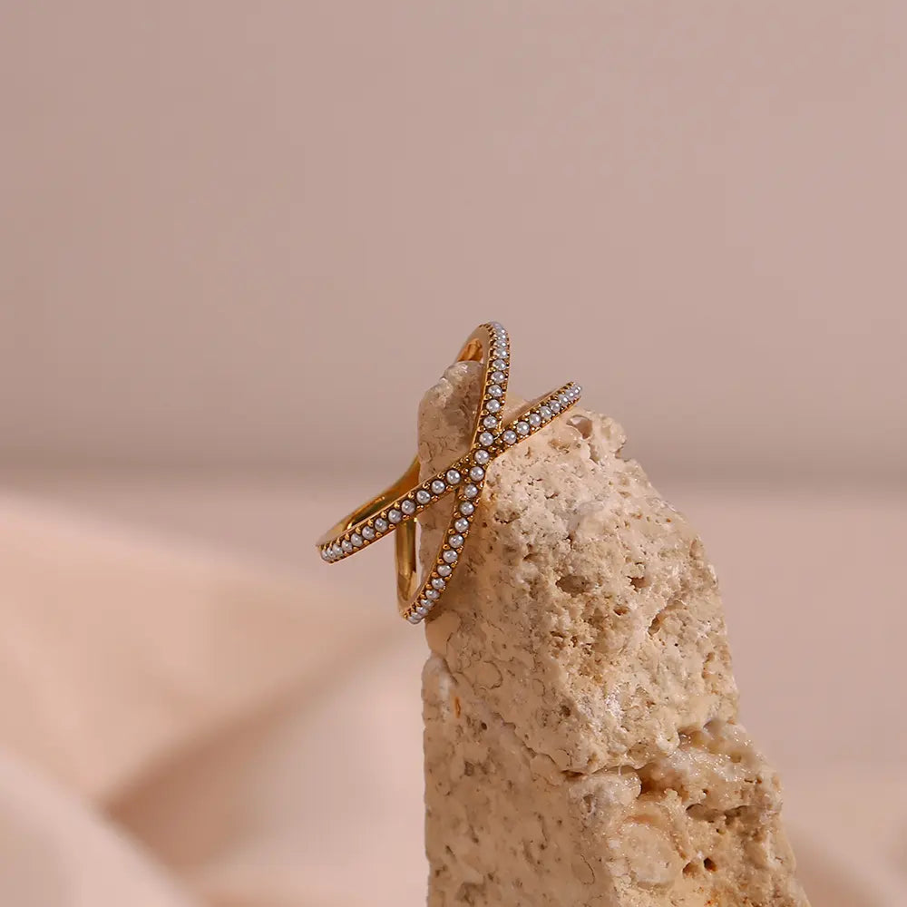 18KT Gold Plated Criss Cross Pearl Ring - Atulya Jewellers