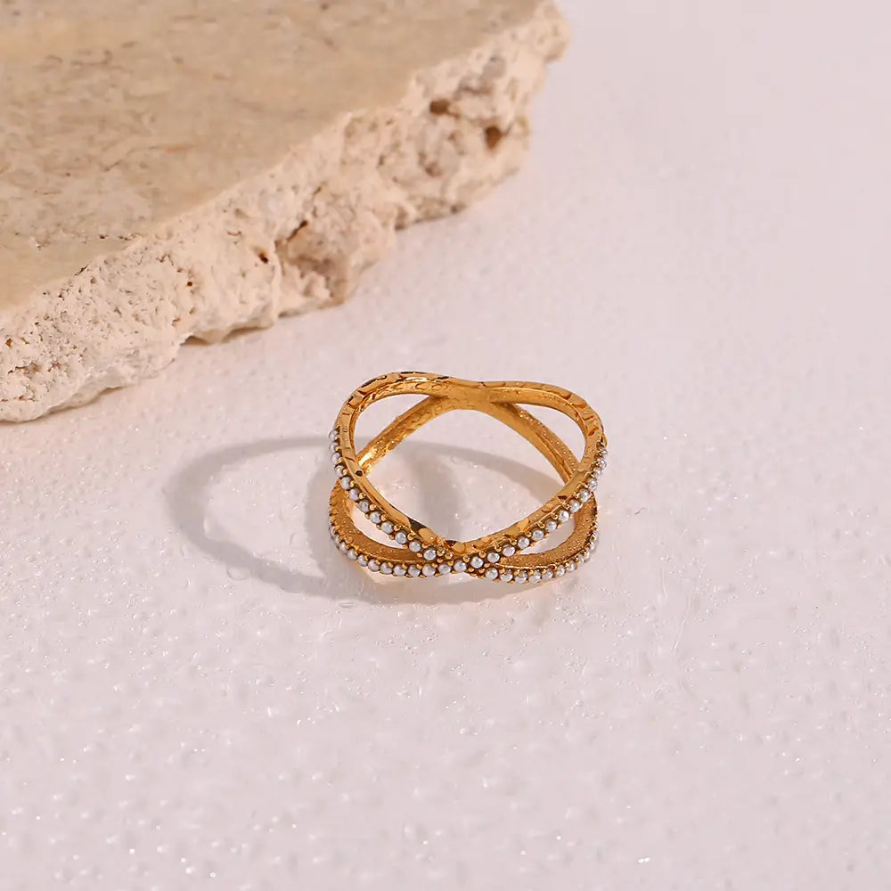18KT Gold Plated Criss Cross Pearl Ring - Atulya Jewellers