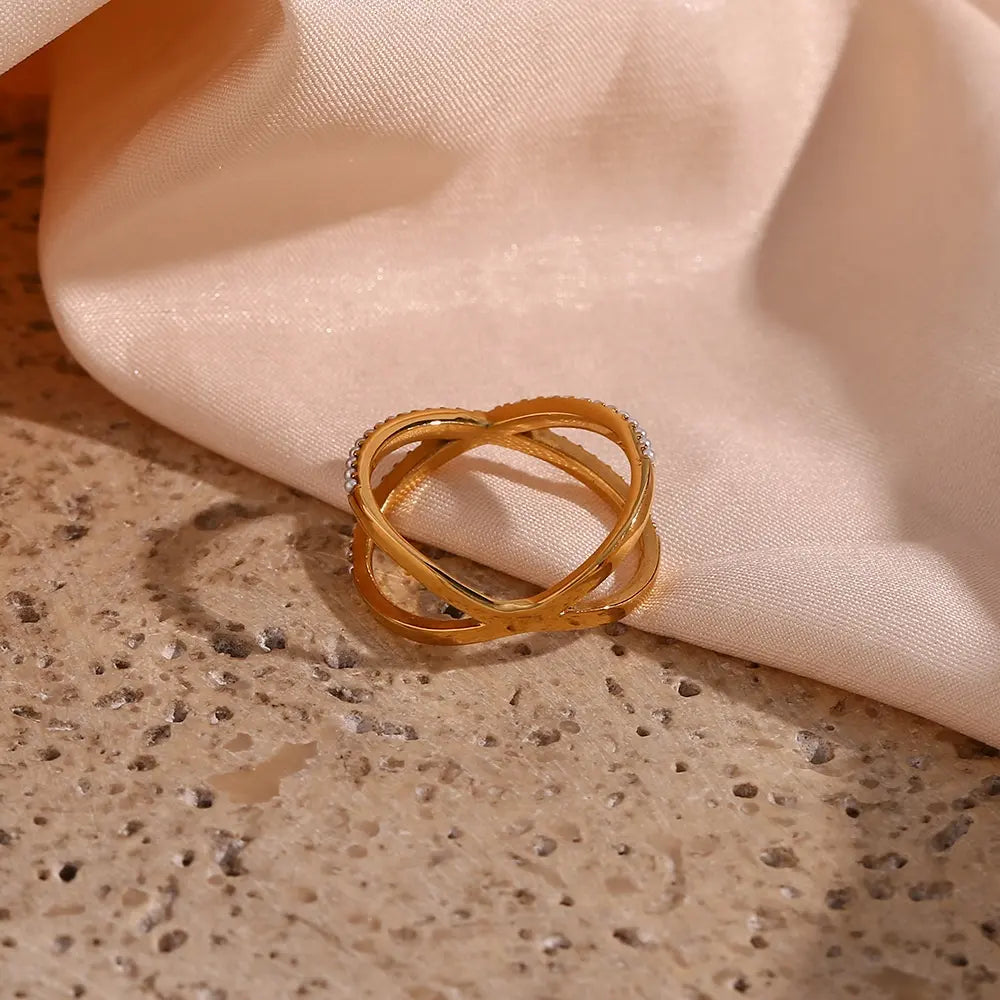 18KT Gold Plated Criss Cross Pearl Ring - Atulya Jewellers