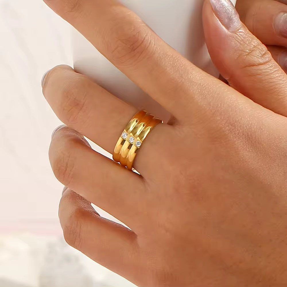 18KT Gold Plated Tri-band CZ Ring - Atulya Jewellers