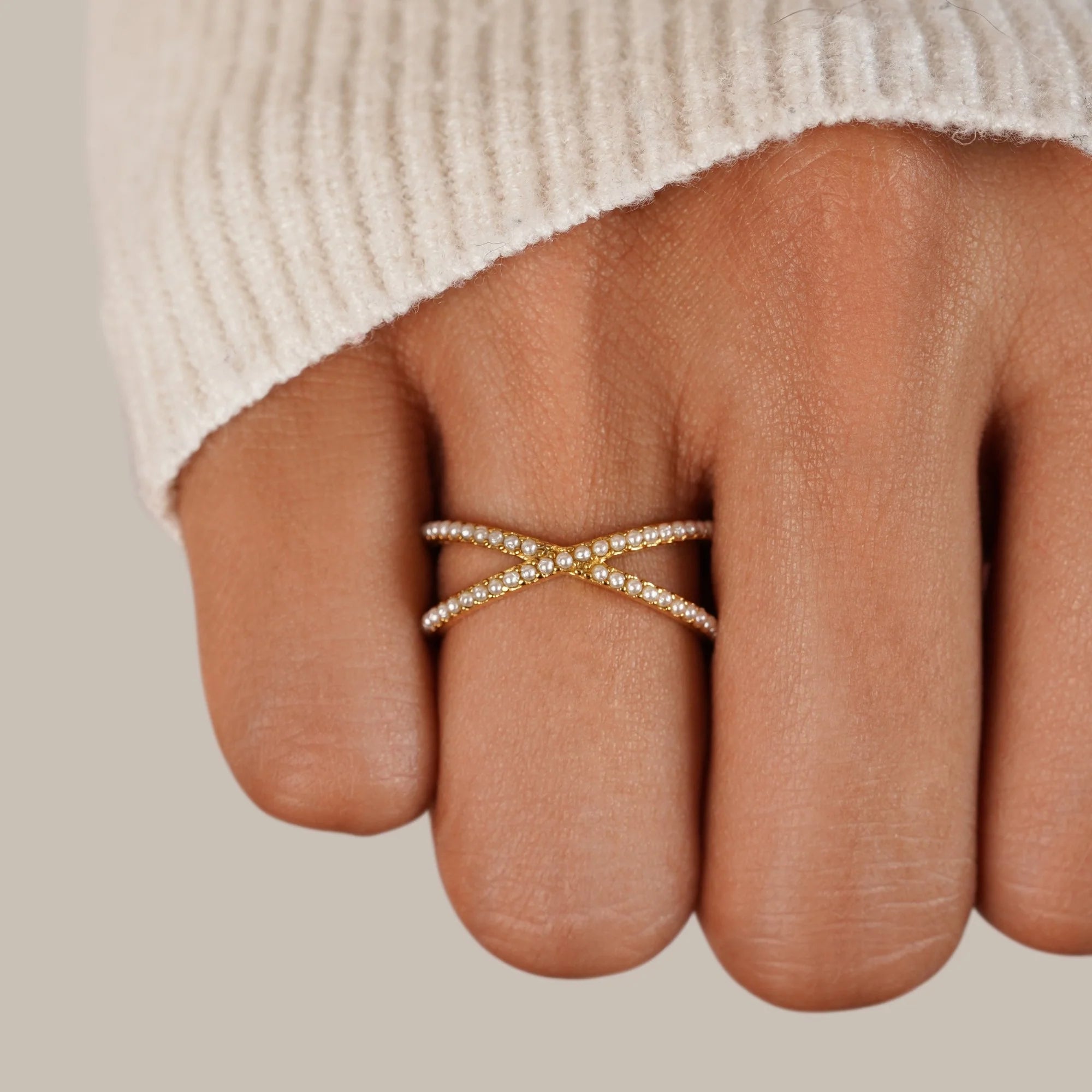 18KT Gold Plated Criss Cross Pearl Ring - Atulya Jewellers