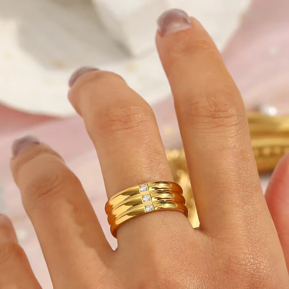 18KT Gold Plated Tri-band CZ Ring - Atulya Jewellers