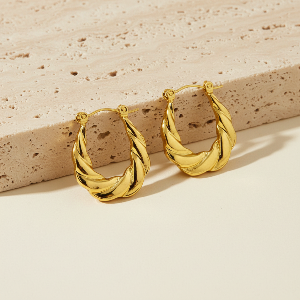 18KT Gold Plated Twisted Oval Hoops