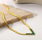 18KT Gold Plated Vee CZ Necklace Green - Atulya Jewellers