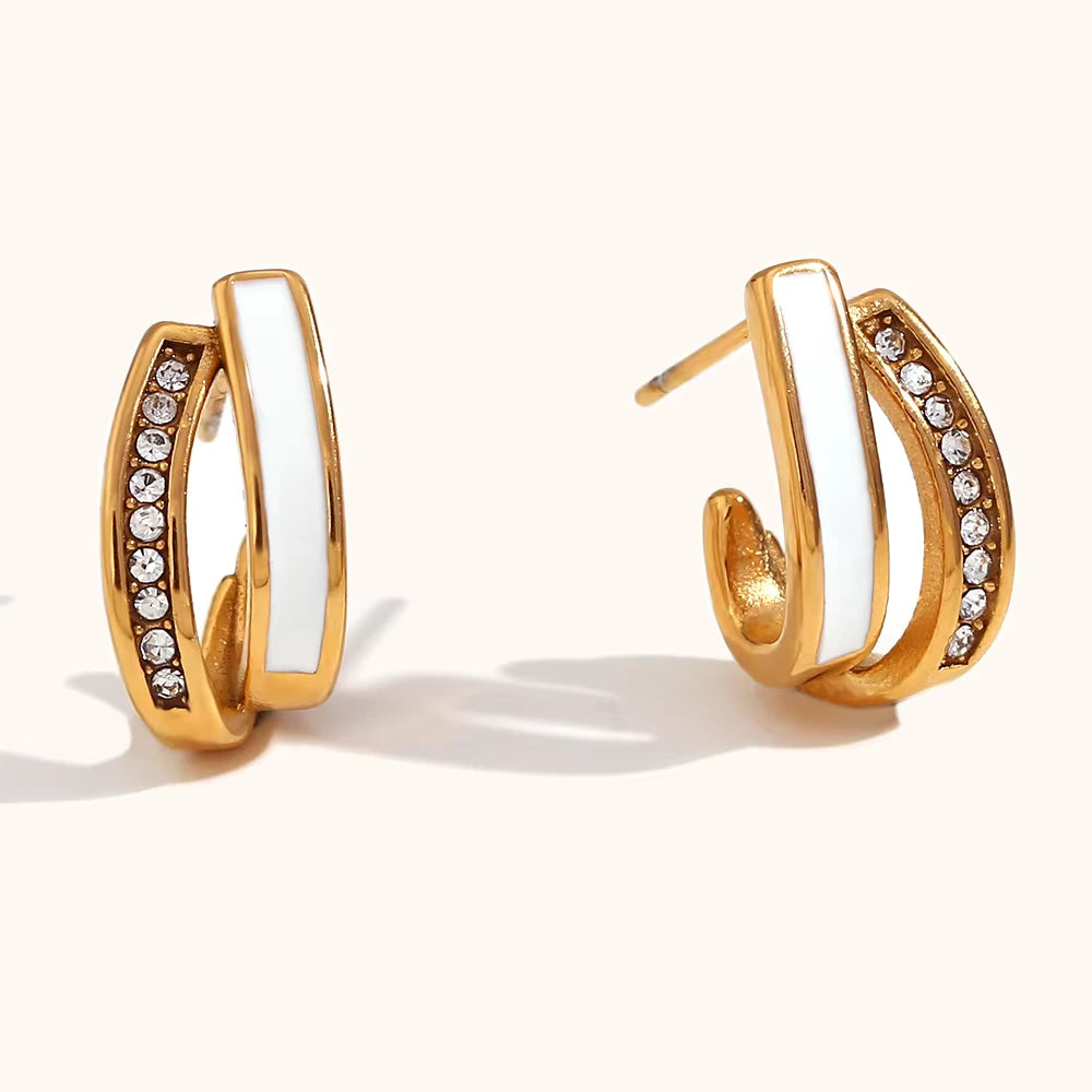 18KT Gold Plated J Enamel CZ Stud Earrings White - Atulya Jewellers