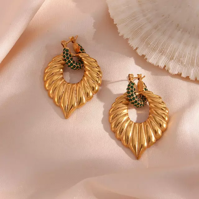 18KT Gold Plated Palm Leaf Drop Earrings Green Diamonds