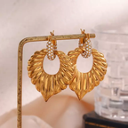 18KT Gold Plated Palm Leaf Drop Earrings White Diamonds - Atulya Jewellers