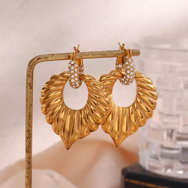 18KT Gold Plated Palm Leaf Drop Earrings White Diamonds - Atulya Jewellers