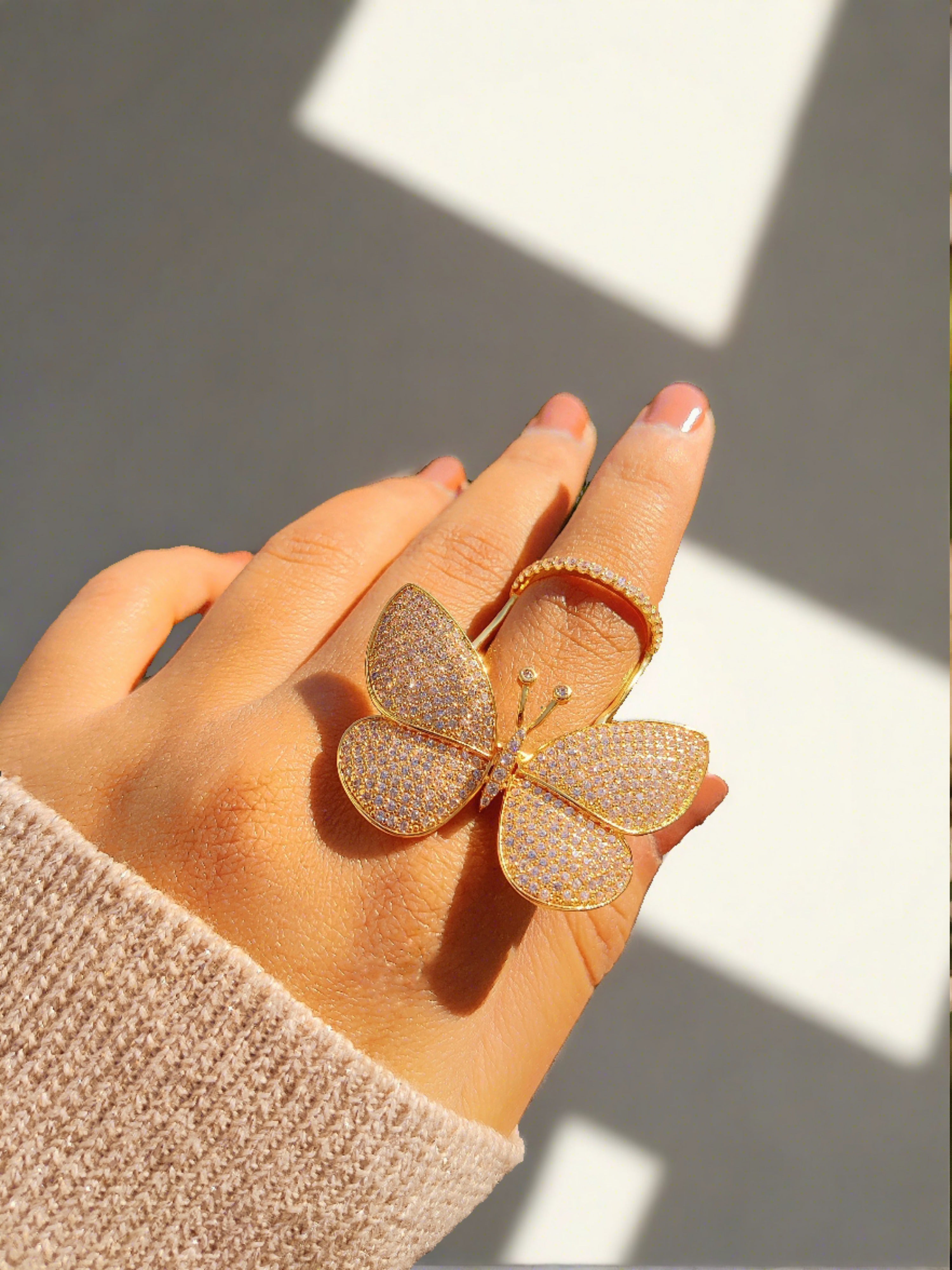 Flying Butterfly Diamond Ring - 18KT Gold Plated (Re-Sizable) - Atulya Jewellers