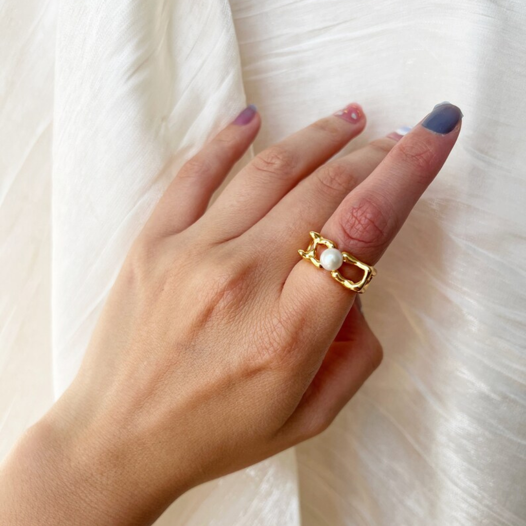 18KT Gold Plated Jade Square Pearl Ring - Atulya Jewellers