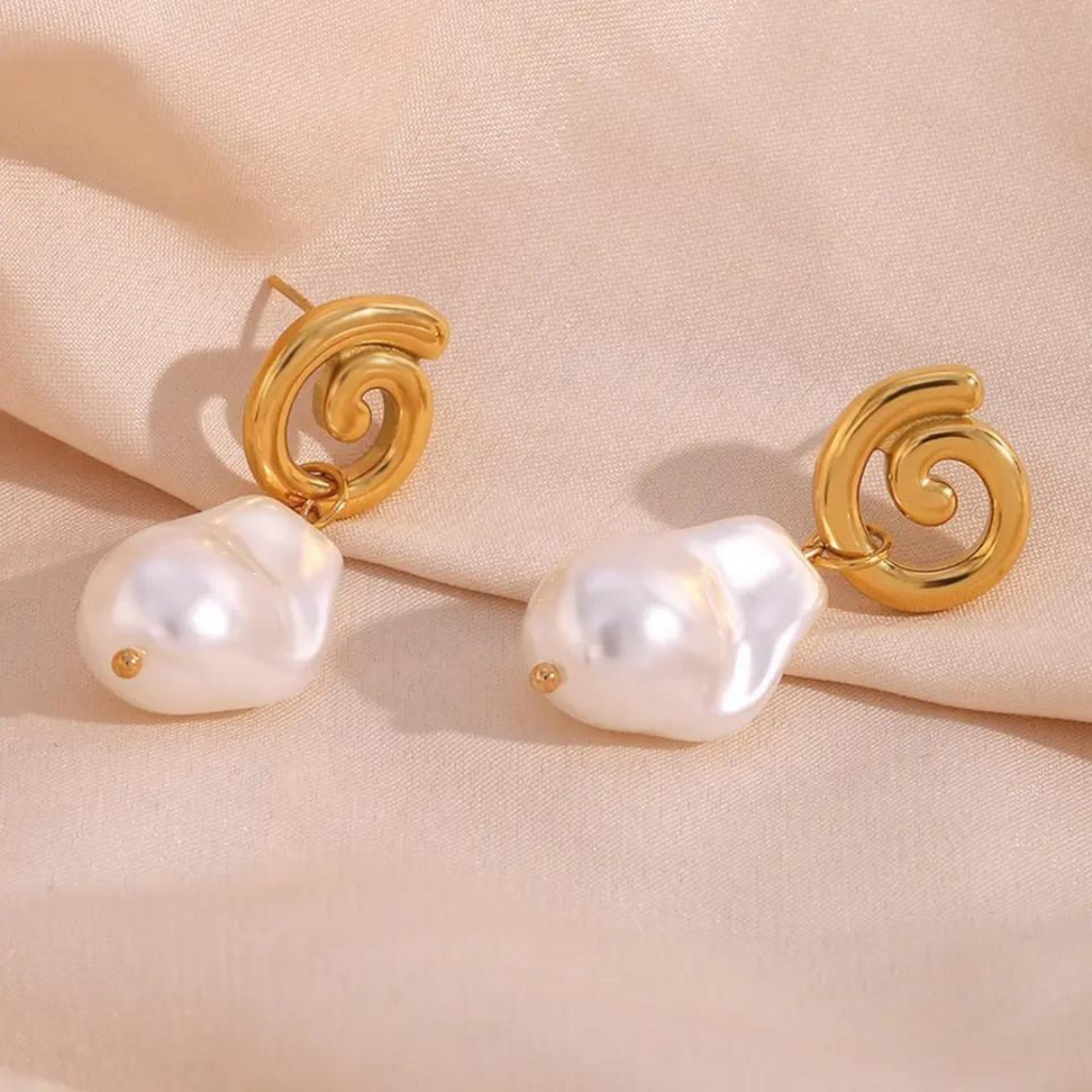 18KT Gold Plated Spiral Pearl Earrings - Atulya Jewellers