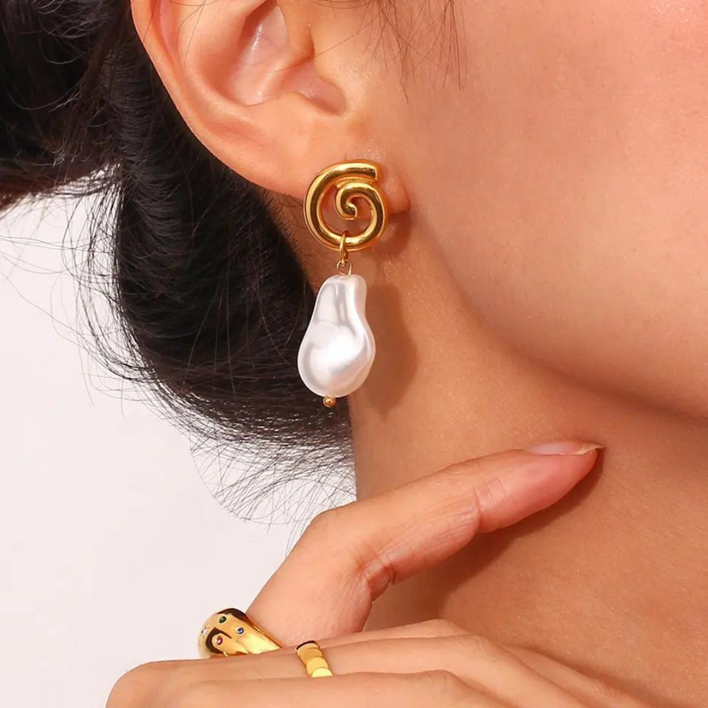 18KT Gold Plated Spiral Pearl Earrings - Atulya Jewellers