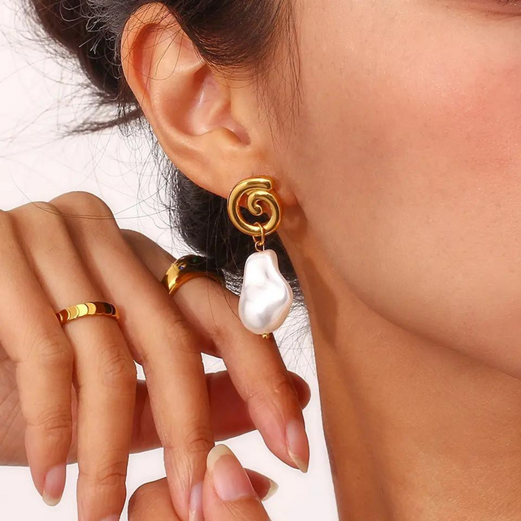 18KT Gold Plated Spiral Pearl Earrings - Atulya Jewellers