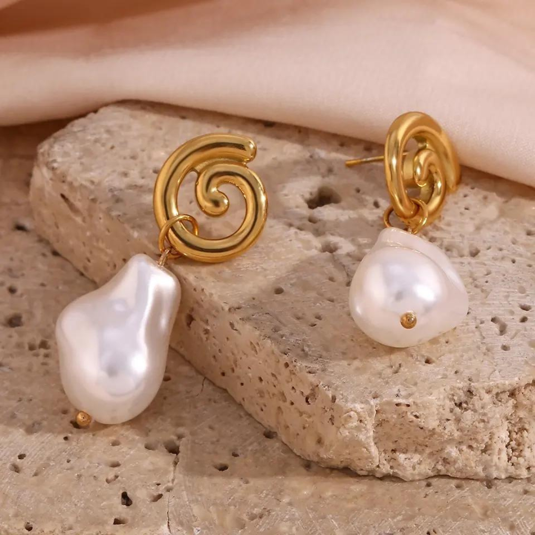 18KT Gold Plated Spiral Pearl Drop Earrings