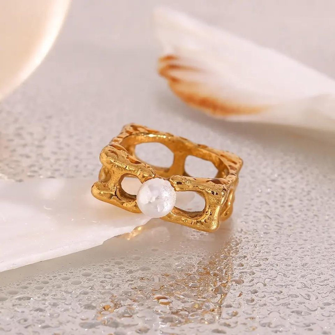 18KT Gold Plated Jade Square Pearl Ring