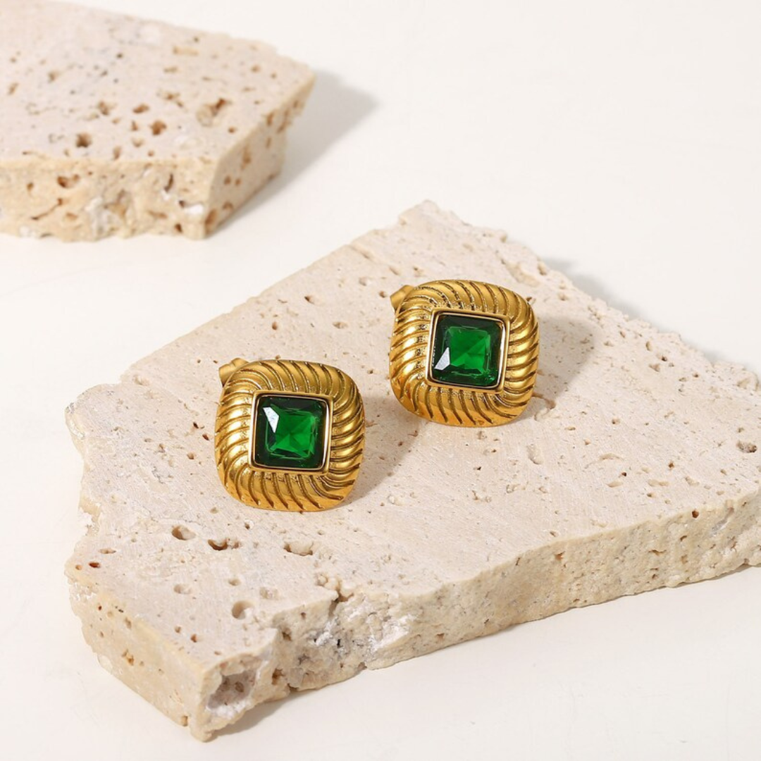 18KT Gold Plated Lozenge CZ Earrings Green - Atulya Jewellers